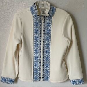 L.L. Bean Fleece Jacket With Pockets Cream & Blue Fair Isle Medium